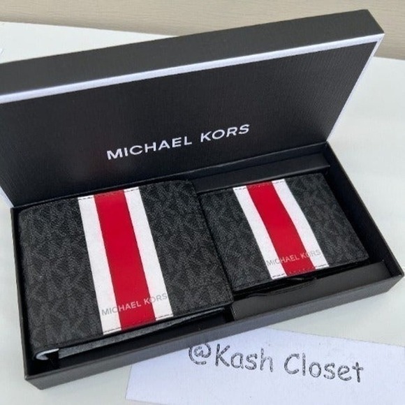 Michael kors Mens Wallet Card Case 3 in 1 Gift box set Black Red Flame - Picture 1 of 5